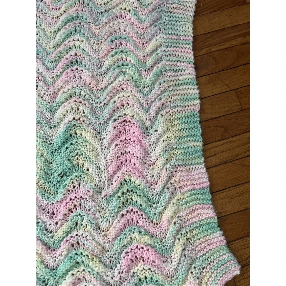 Crocheted‎ Striped Baby blanket Green White Yellow And Pink. 100%Handmade
